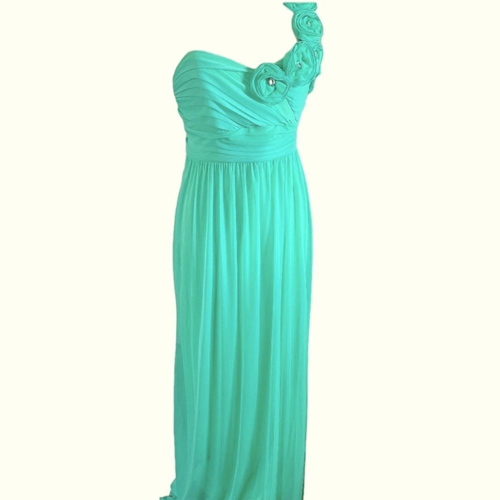 City Studio One Shoulder Aqua Rosette Rhinestone Chiffon Gown Juniors Size 11